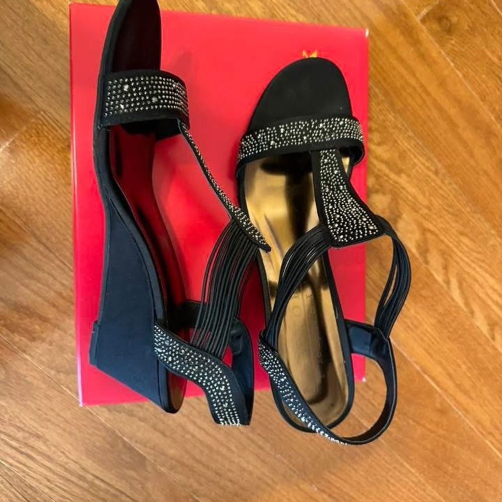 New York & Company Black Wedge Sandals with Rhinestone Details